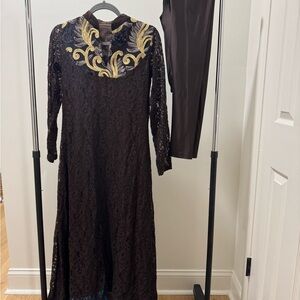 🤎 Brown Lace Long Kurti with Gold Embroidery – Size 36 (No Dupatta)